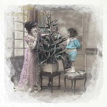 ITD Collection, Rice Paper, Mini Set, Decoupage RSM085, 6 sheets, Vintage, Family, Christmas Tree, Children, Celebrating, Ornament Rounds ITD Collection