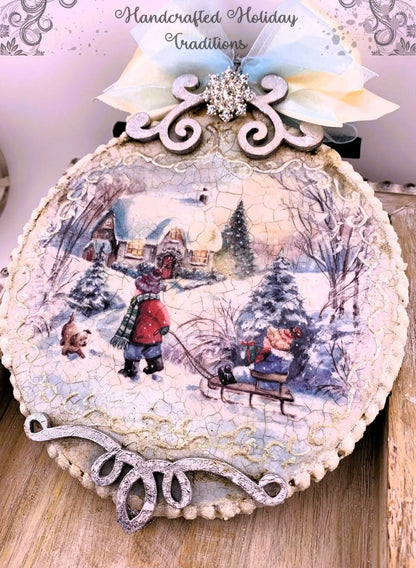 Handcrafted, Shabby Chic, Mixed Media, Decoupage Ornament, Christmas, Winter Scenes, MDF, Snow, Ice, Mixed Media, Blue, Holiday Decoration Handmade by Pamela