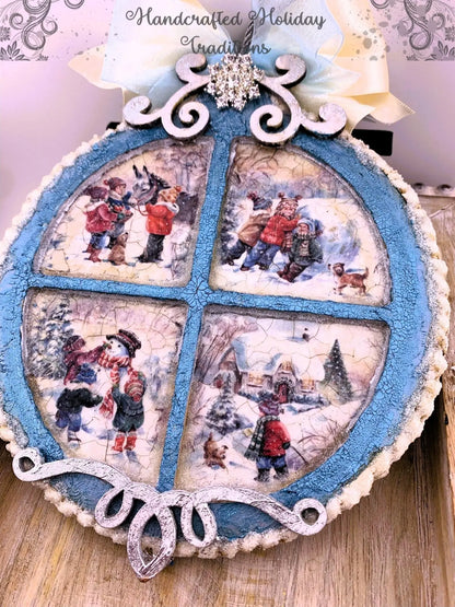 Handcrafted, Shabby Chic, Mixed Media, Decoupage Ornament, Christmas, Winter Scenes, MDF, Snow, Ice, Mixed Media, Blue, Holiday Decoration Handmade by Pamela