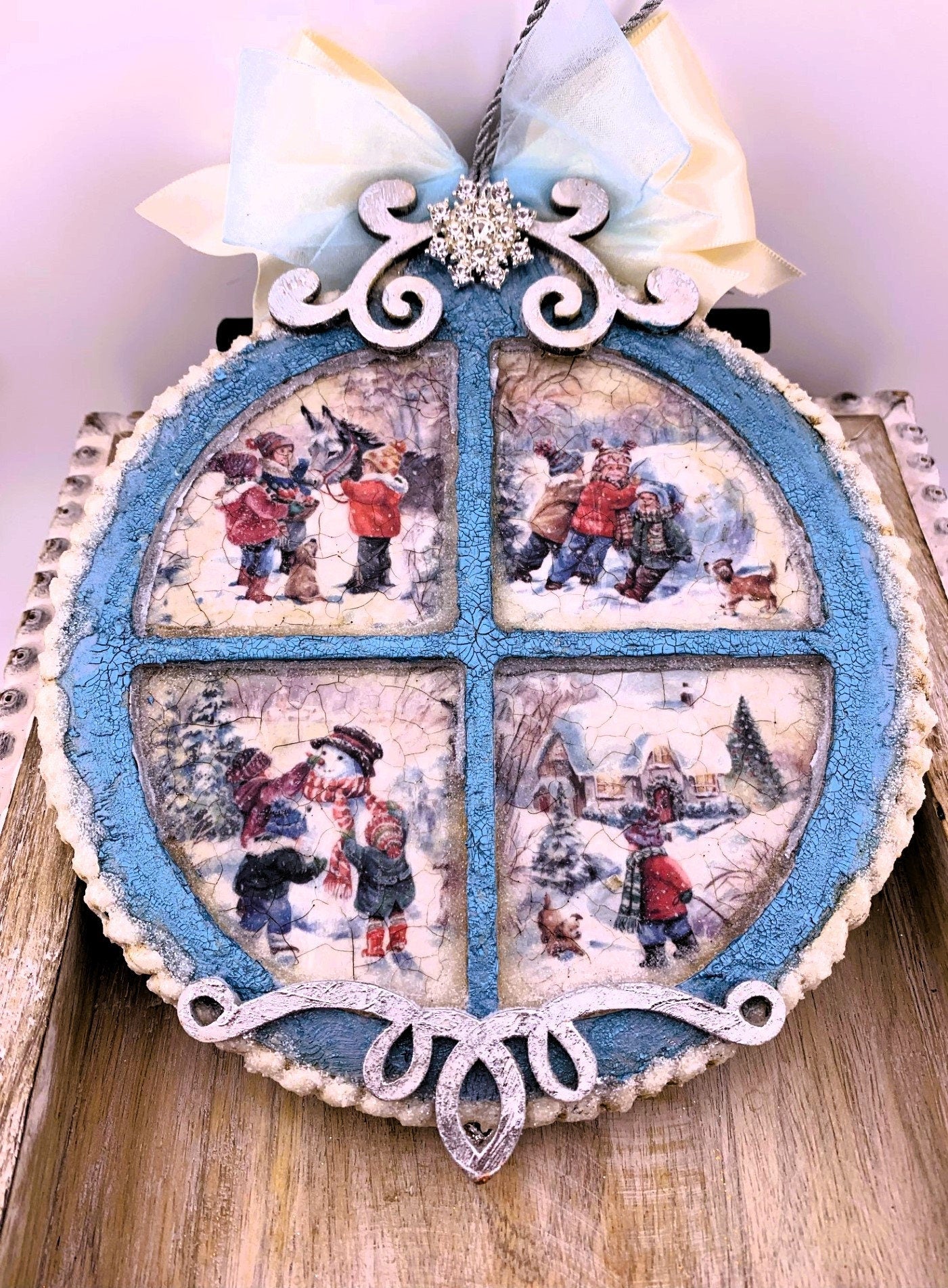 Laser Cut MDF, Christmas, Circle, Ornament, Base, Blank, Windowpane Overlay, 2 pc, Decoupage, Mixed Media, 6" x 6.5", 1/8 in thick