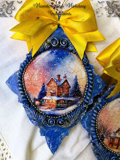 Handcrafted, Shabby Chic, Mixed Media, Decoupage, Star, Ornament Set of 2, Christmas, Winter Scenes, MDF, Snow, Ice, Blue, Holiday Decor Handmade by Pamela