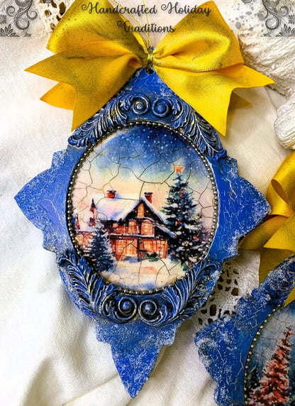 Handcrafted, Shabby Chic, Mixed Media, Decoupage, Star, Ornament Set of 2, Christmas, Winter Scenes, MDF, Snow, Ice, Blue, Holiday Decor Handmade by Pamela