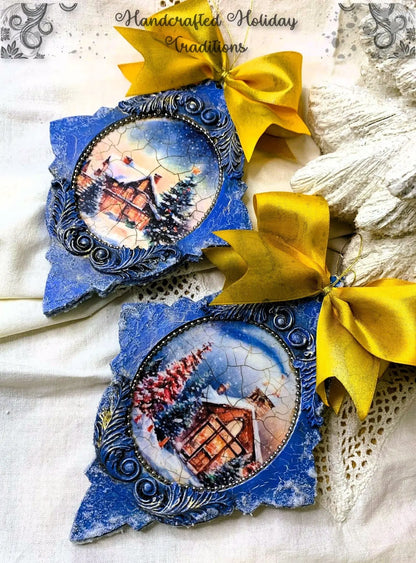 Handcrafted, Shabby Chic, Mixed Media, Decoupage, Star, Ornament Set of 2, Christmas, Winter Scenes, MDF, Snow, Ice, Blue, Holiday Decor Handmade by Pamela