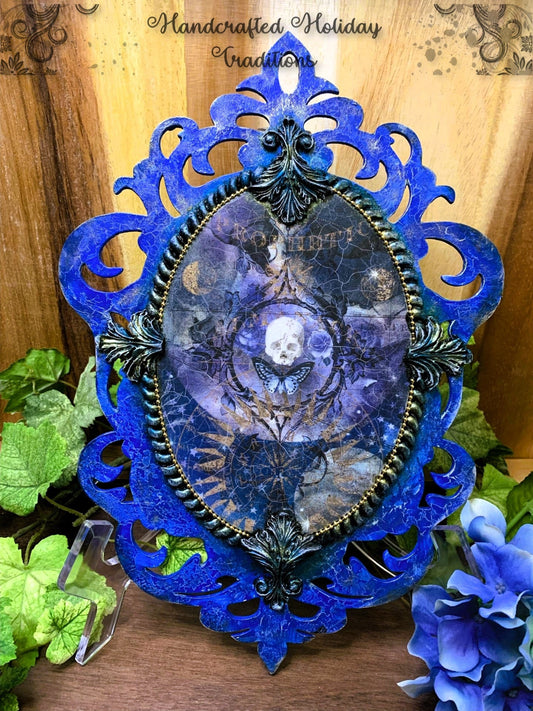 Handcrafted MDF, Decoupage, Mixed Media, Fantasy, Plaque, Shabby Chic, Vintage Style, Gothic, Skull, Grunge, Home Decoration, Blue, Gold