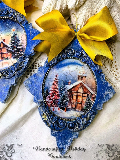 Handcrafted, Shabby Chic, Mixed Media, Decoupage, Star, Ornament Set of 2, Christmas, Winter Scenes, MDF, Snow, Ice, Blue, Holiday Decor Handmade by Pamela