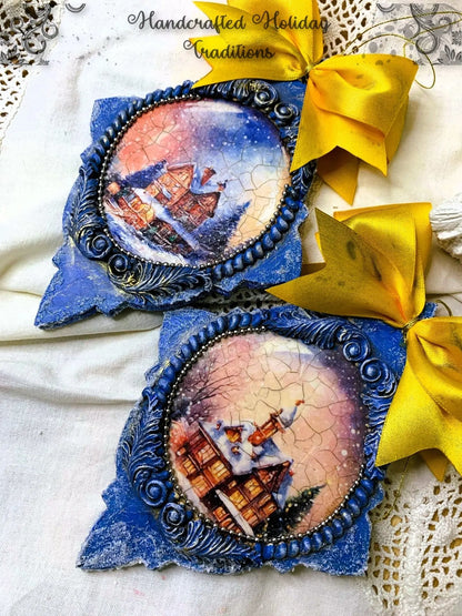Handcrafted, Shabby Chic, Mixed Media, Decoupage, Star, Ornament Set of 2, Christmas, Winter Scenes, MDF, Snow, Ice, Blue, Holiday Decor Handmade by Pamela