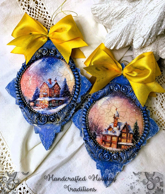 Handcrafted, Shabby Chic, Mixed Media, Decoupage, Star, Ornament Set 2, Christmas, Winter Scenes, MDF, Snow, Ice, Blue, Holiday Decor