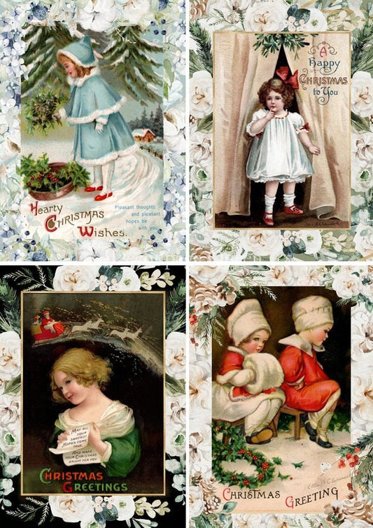 Decoupage Queen, 2023 Winter Release, Christmas, Rice Paper, A4 8.27 X 11.69, Vintage Girls, 4 Pack, 0513, Squares