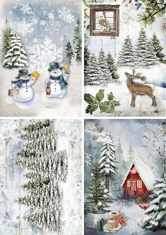Decoupage Queen, 2023 Winter Release, Christmas, Rice Paper, A4 8.27 X 11.69, 4 Pack, Winter Scenes, Holiday, Squares, 0518