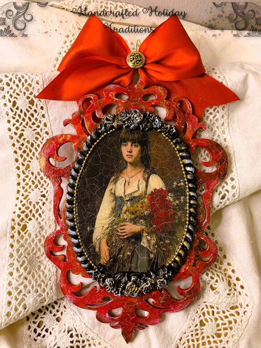 Handcrafted, Shabby Chic, Mixed Media, Vintage Style, Decoupage, Girl, Roses, Christmas Ornament, Antique Style Girl Portrait, Decoration