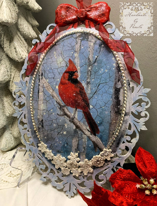 Handcrafted, Mixed Media, Holiday, Decoupage, Mixed Media, Cardinal, Winter, Snow, Christmas, Decor, Plaque, Shabby Chic,  Laser Cut MDF