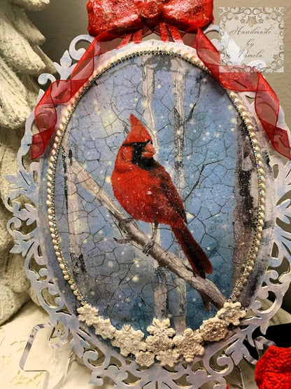 Handcrafted, Mixed Media, Holiday, Decoupage, Mixed Media, Cardinal, Winter, Snow, Christmas, Decor, Plaque, Shabby Chic,  Laser Cut MDF Handmade by Pamela