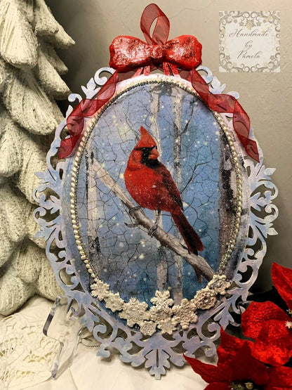 Handcrafted, Mixed Media, Holiday, Decoupage, Mixed Media, Cardinal, Winter, Snow, Christmas, Decor, Plaque, Shabby Chic,  Laser Cut MDF Handmade by Pamela