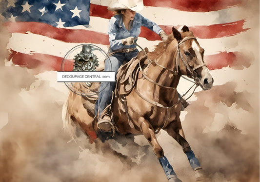 Decoupage Central, Barrel Racer, Cowgirl, Horse, American Flag, Country, DC189, Rice Paper, Decoupage, Mixed Media, A4 - 8.27 X 11.69 in