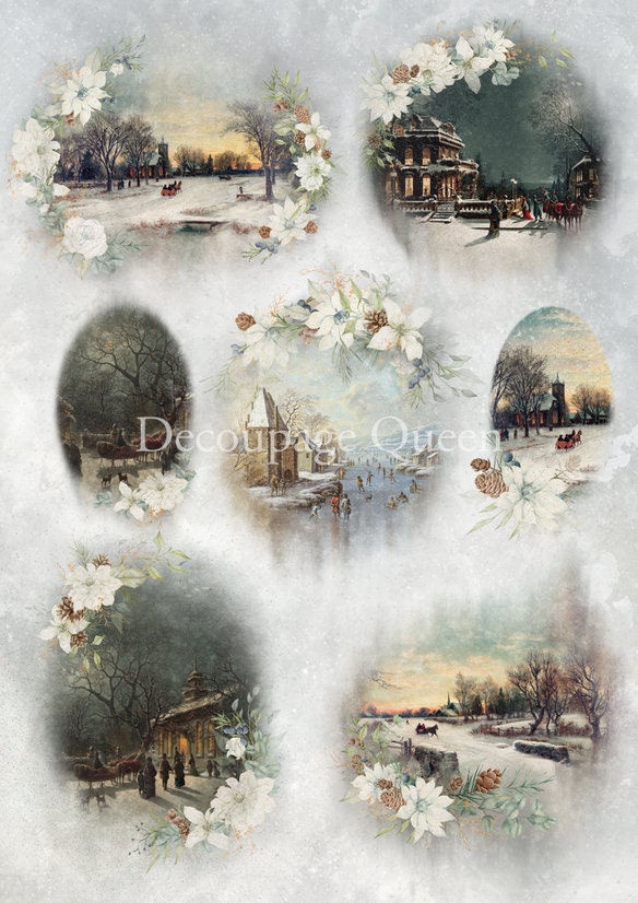 Decoupage Queen, 2023 Winter Release, Christmas, Rice Paper, A4 8.27 X 11.69, Dainty and the Queen Winter Scenes, Ornament, Rounds, 0508