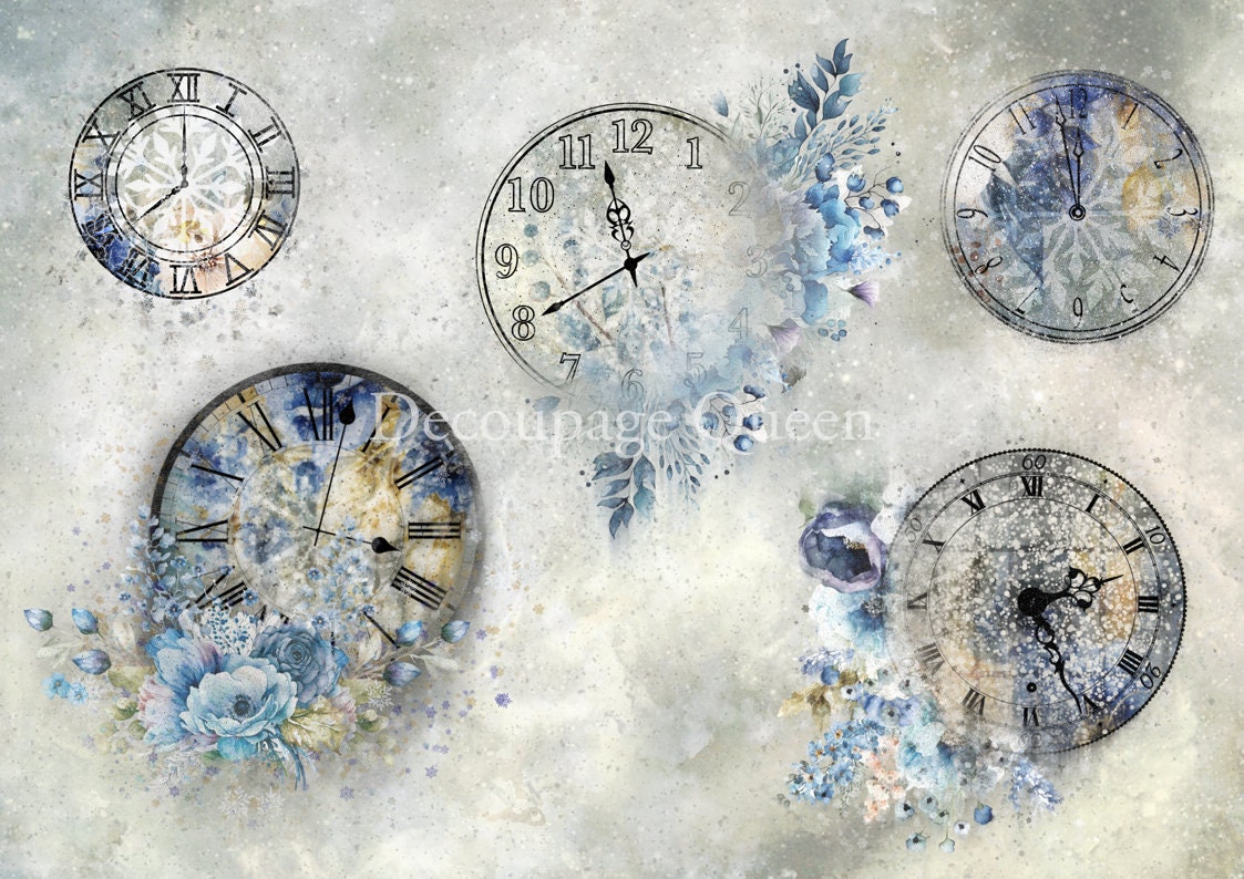Decoupage Queen, 2023 Winter Release, Christmas, Rice Paper, Frozen in Time, A4 8.27 X 11.69, Blue, white, Clocks, Ornament, Rounds, 0507