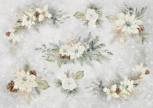 Decoupage Queen, 2023 Winter Release, Christmas, Rice Paper, A4 8.27 X 11.69, Dainty and the Queen, White, Flowers, 0511
