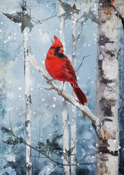 Decoupage Queen, 2023 Winter Release, Christmas, Rice Paper, A4 8.27 X 11.69, Red, Cardinal, Snow, Birch Tree, Scene, Snow Scene, 0519 Decoupage Queen
