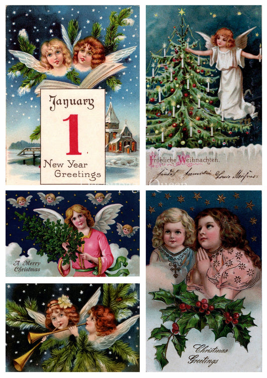 Decoupage Queen, 2023 Winter Release, Christmas, Rice Paper, A4 8.27 X 11.69, Starry Cherubs, Angels, Vintage, Squares, 0527