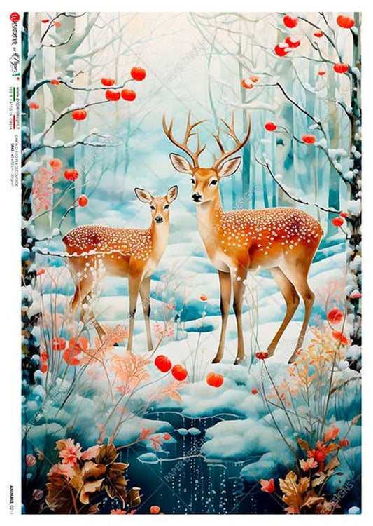 Paper Designs, 2023 Christmas Release, Buck, Deer, Winter Scene, Snow, Forest, Holiday, 0211, A4, 8.3" X 11.7" Rice Paper for Decoupage