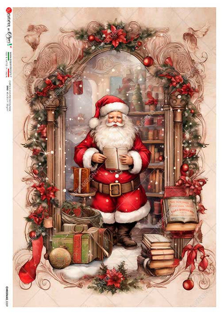 Paper Designs, 2023 Christmas Release, Santa in his Study, Portrait, Holiday, 0359, A4, 8.3" X 11.7" Rice Paper for Decoupage