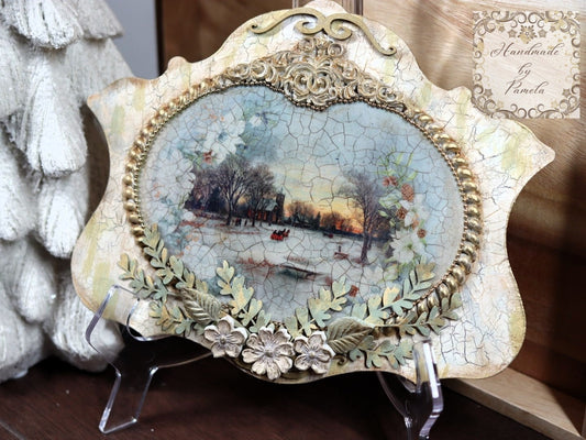 Handcrafted, Mixed Media, Shabby Chic, Decoupage, Winter Scene, Panel, Plaque, Vintage Style,  Antique Style, Home Decor, Laser Cut MDF