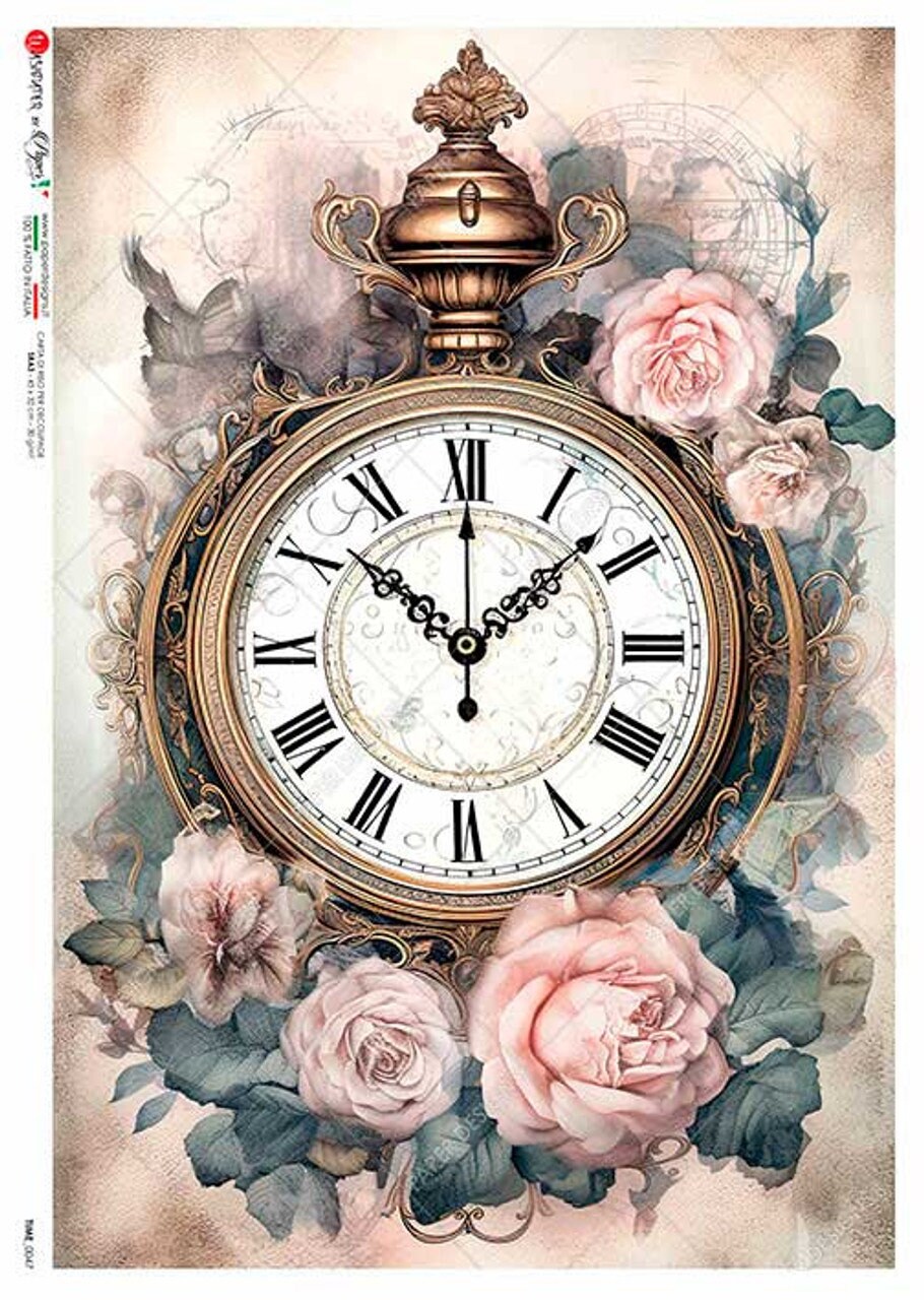 Paper Designs, 2023 Release, Baroque Time Piece, Roses, Shabby Chic, Vintage Style, Rice Paper, Decoupage, Mixed  Media, 0047 A4 8.3x11.7