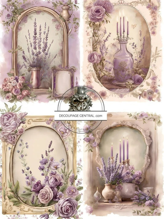 Decoupage Central, Victorian, Lavender, Shabby chic, Squares, Vases, DC195, Rice Paper, Decoupage, Mixed Media, A4 - 8.27 X 11.69 in