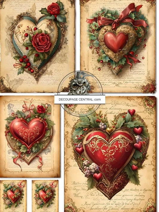 Decoupage Central, Christmas, Vintage, Hearts, Squares, Shabby Chic, Decoration, DC219, Rice Paper, Decoupage, Mixed Media, A4 8.27x11.69 in