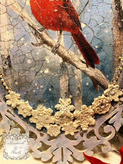 Handcrafted, Mixed Media, Holiday, Decoupage, Mixed Media, Cardinal, Winter, Snow, Christmas, Decor, Plaque, Shabby Chic,  Laser Cut MDF Handmade by Pamela