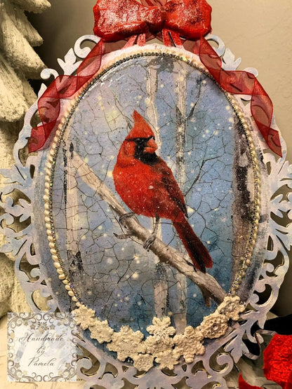 Handcrafted, Mixed Media, Holiday, Decoupage, Mixed Media, Cardinal, Winter, Snow, Christmas, Decor, Plaque, Shabby Chic,  Laser Cut MDF Handmade by Pamela