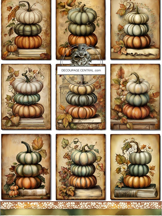 Decoupage Central, Stacked, Fall, Pumpkins, Vintage, Shabby Chic Style, Squares, DC168, Rice Paper, Decoupage, Mixed Media, A4 8.27x11.69