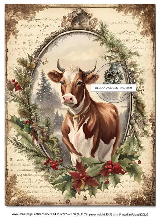 Decoupage Central, Christmas, Framed, Cow, Holly Berries, Vintage, Shabby Chic Style, DC122, Rice Paper, Decoupage, Mixed Media, A4 8.2x11.6 Decoupage Central