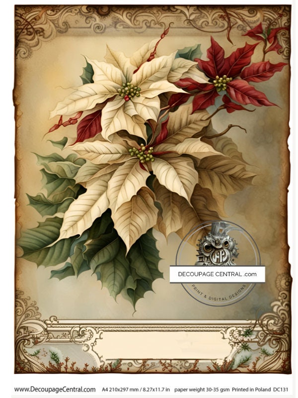 Decoupage Central, Holiday, Poinsettia, Christmas, Vintage Style, Shabby chic, DC131, Rice Paper, Decoupage, Mixed Media, A4 8.27x11.69 in