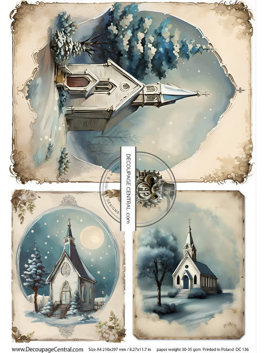 Decoupage Central, Christmas, Chapel, Church, Winter, Snow, Shabby Chic Style, DC136, Rice Paper, Decoupage, Mixed Media, A4 8.2x11.6