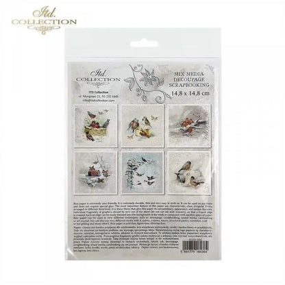 ITD Collection Rice Paper Mini Set for Decoupage RSM084, 6 sheets of rice paper 14,8x14,8 cm, Winter, Birds, Snow, Ornaments, Decorations ITD Collection