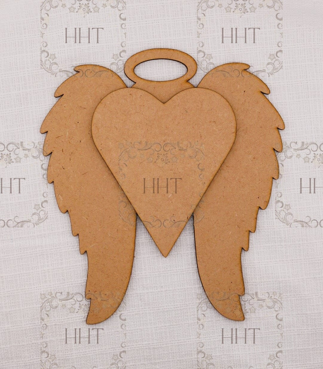 Laser Cut MDF, Angel Wings, Heart, Halo, Pendant, Christmas Ornament, Blank, Base, 2 pc, Decoupage, Mixed Media 6.5 x 7.25 in, 1/8 in