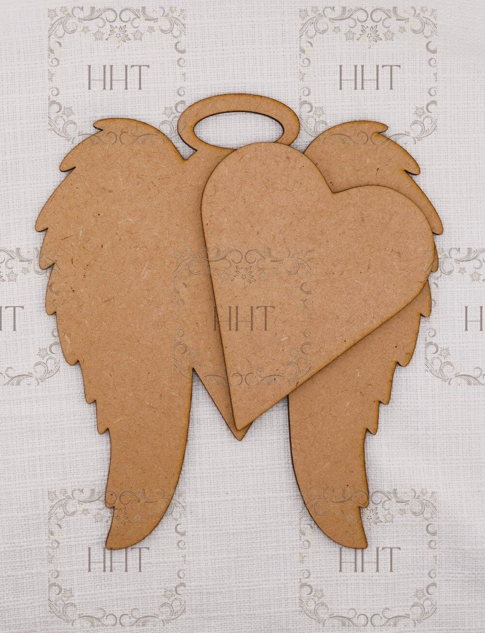 Laser Cut MDF, Angel Wings, Heart, Halo, Pendant, Christmas Ornament, Blank, Base, 2 pc, Decoupage, Mixed Media 6.5 x 7.25 in, 1/8 in