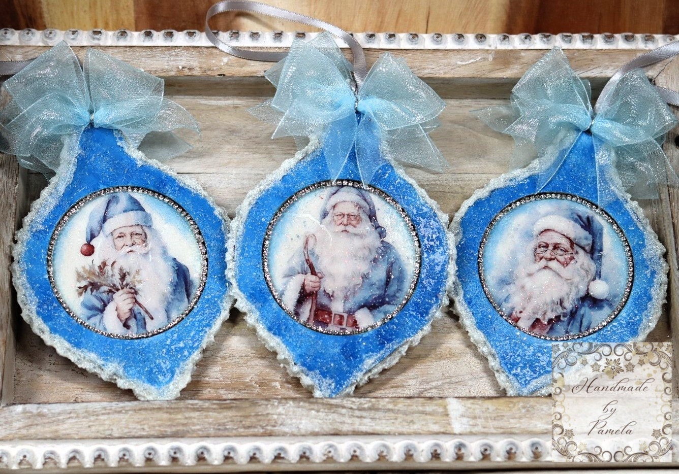 Handcrafted, Shabby Chic, Mixed Media, Decoupage, Blue, Santa, Ice, Snow, Christmas Ornament Set of 3, Holiday, Decoration, Collectible