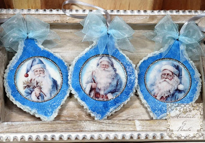 Handcrafted, Shabby Chic, Mixed Media, Decoupage, Blue, Santa, Ice, Snow, Christmas Ornament Set of 3, Holiday, Decoration, Collectible Handmade by Pamela