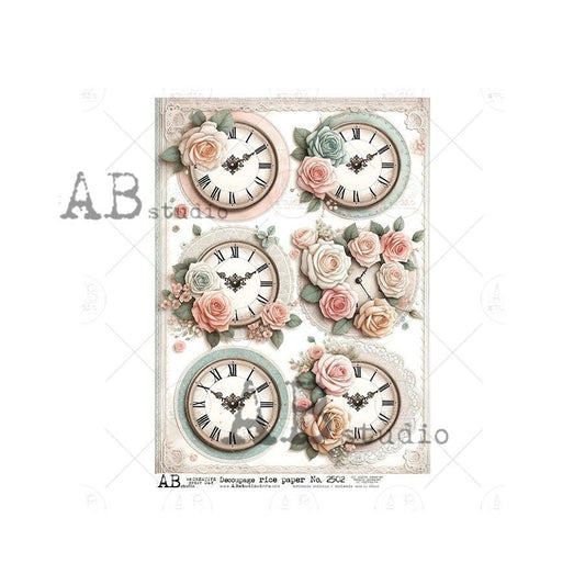 AB Studio, Shabby Chic, Vintage, Clocks, Roses, Flowers, Floral, 2502 A4 8.27 X 11.69, Rice Paper for Decoupage Imported Poland