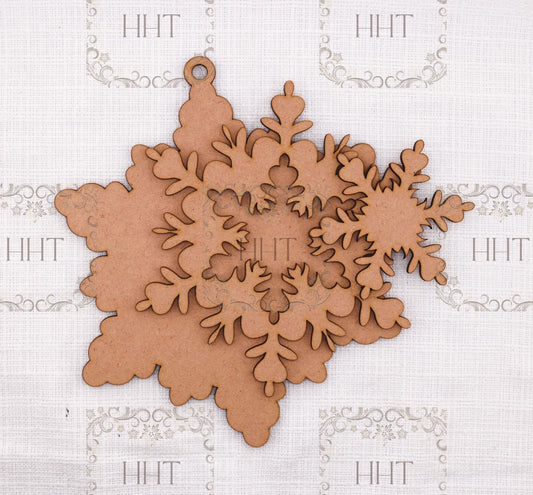 Laser Cut MDF, Snowflake, Crystal, Pendant, Ornament, Blank, Base, Center Overlay 3 pc, Decoupage, Mixed Media, Crafts, 6" x 6.5" in, 1/8