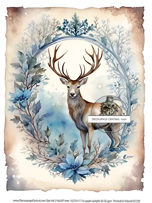 Decoupage Central, Blue, Stag, Floral, Frame, Deer, Vintage Style, Shabby chic, DC235, Rice Paper, Decoupage, Mixed Media, A4 8.27x11.69 in