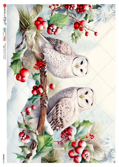 Paper Designs, 2023 Christmas Release, Festive, Owls, Winter Scene, Snow, Forest, Holiday, 0216, A4, 8.3" X 11.7" Rice Paper for Decoupage Paper Designs