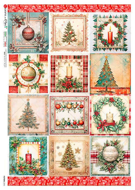 Paper Designs, 2023 Christmas Release, Festive Squares, Trees, Wreaths, Decorations, Ornaments, 0245 A4 8.3 X 11.7 Rice Paper for Decoupage