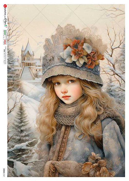 Paper Designs, 2023 Release, Winter, Girl, Forest, Shabby Chic, Vintage Style, Rice Paper, Decoupage, Mixed  Media, 0157, A4 8.3" X 11.7"