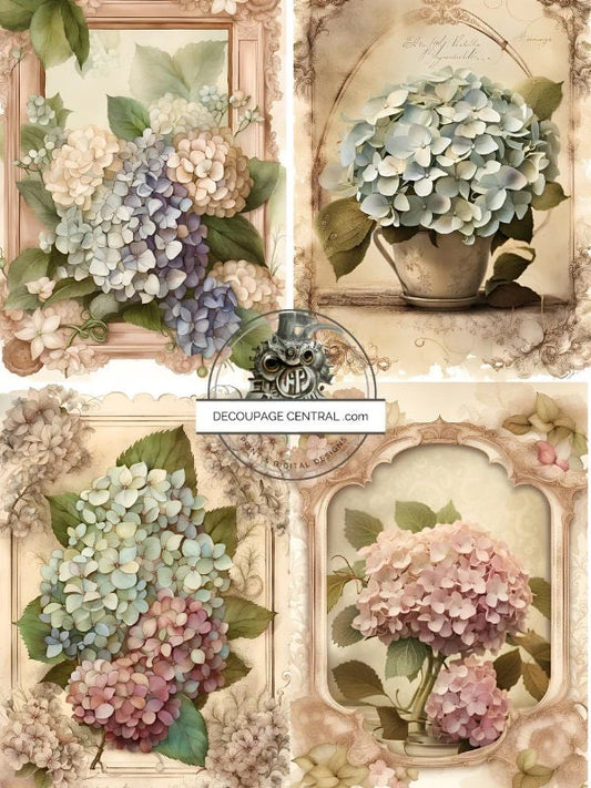 Decoupage Central, Victorian, Hydrangeas, Shabby chic, Squares, Vases, DC196, Rice Paper, Decoupage, Mixed Media, A4 - 8.27 X 11.69 in