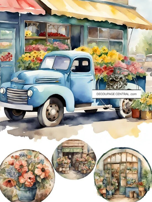 Decoupage Central, Vintage Truck, Flower Market, Flowers, Rounds, Blue, Watercolor, DC194, Rice Paper, Decoupage, Mixed Media, A4 8.27X11.69