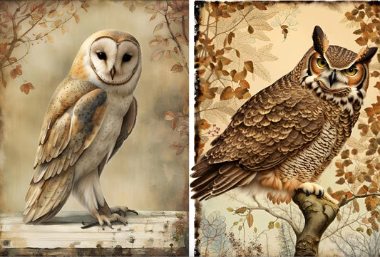 Decoupage Central, Winter, Owls, Country Style, Squares, Duo, DC123, Rice Paper, Decoupage, Mixed Media, A4 8.27x11.69