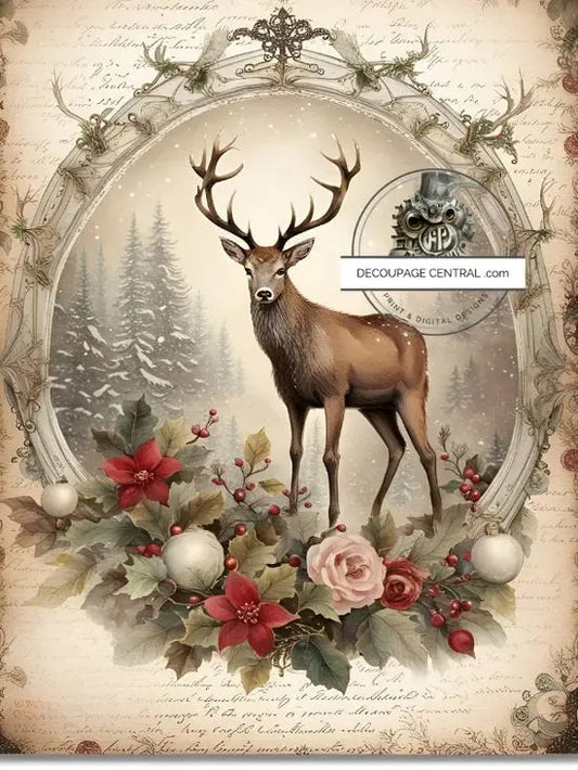 Decoupage Central, Christmas, Framed, Grand Stag, Deer, Vintage, Shabby Chic Style, DC190, Rice Paper, Decoupage, Mixed Media, A4 8.27x11.69 Decoupage Central